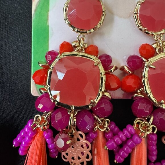 Lilly Pulitzer Goldtone Red Pink Bead Tassel Statement Necklace Earring SET NEW - Picture 10 of 14